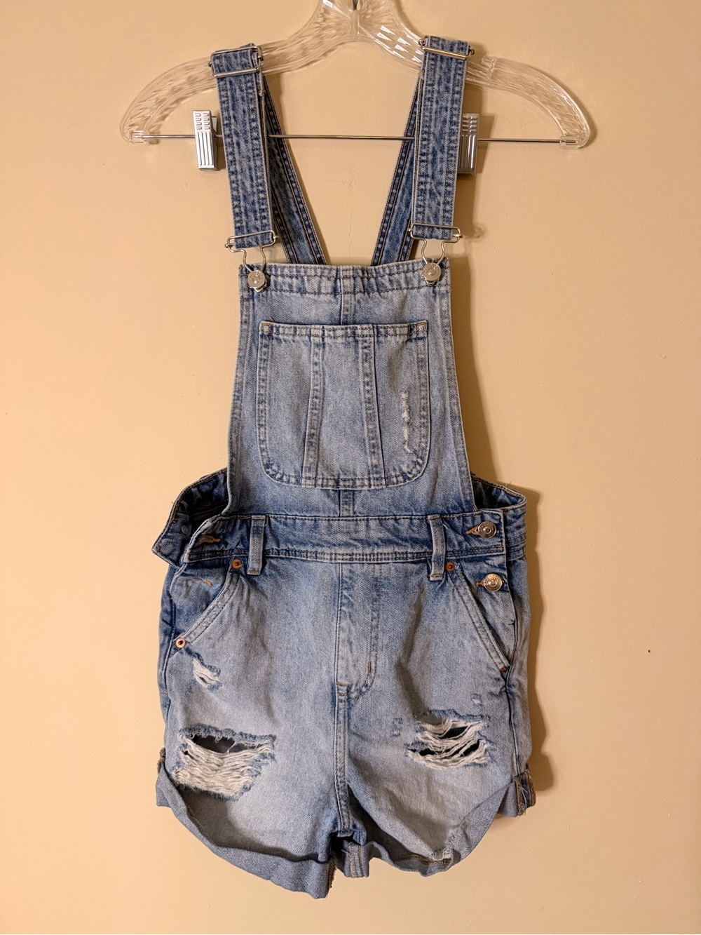 H&M Light Wash Distressed Denim Short Overalls